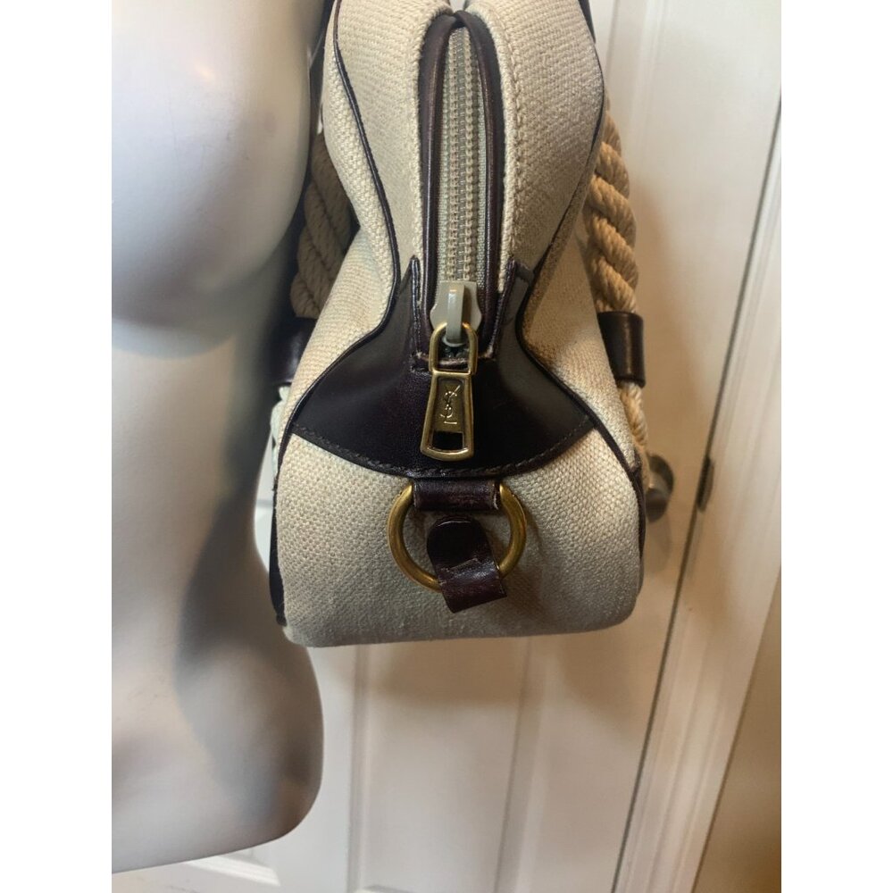 Saint Laurent Tan Canvas Twisted Rope Handle Satchel Purse Bag - Picture 5 of 12